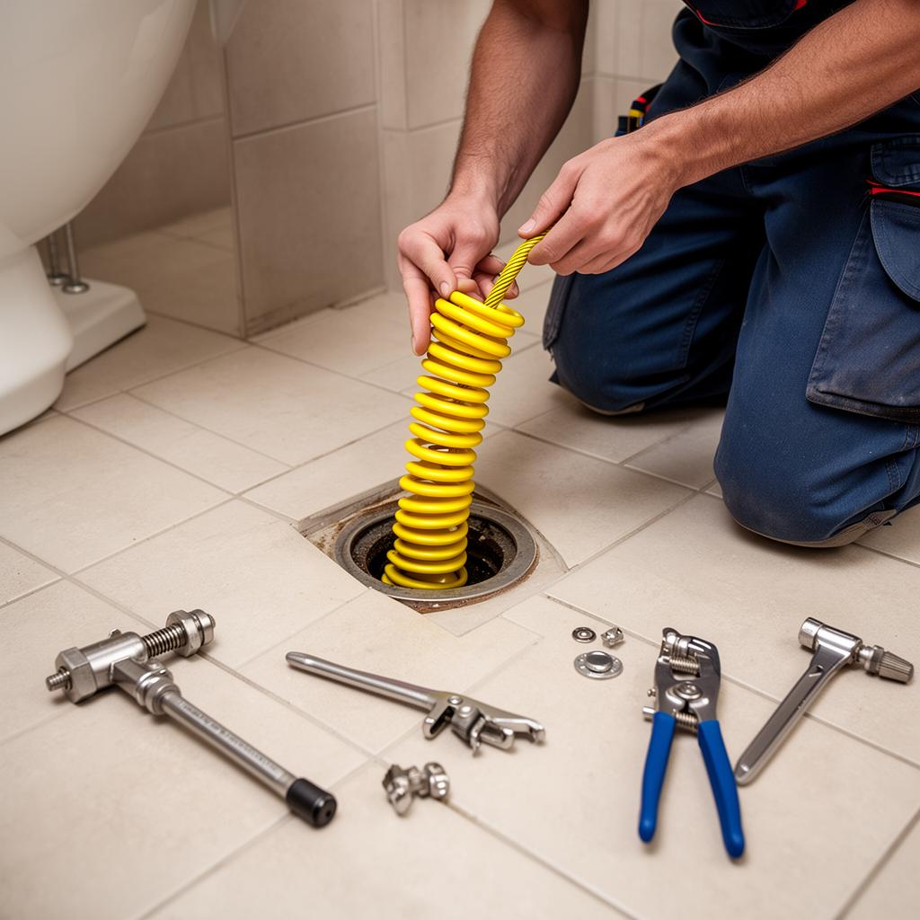 Drain cleaning service with auger on bathroom floor