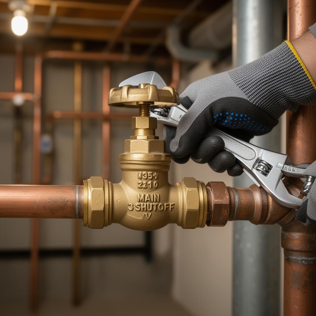 Brass main water shutoff valve installation on copper pipe