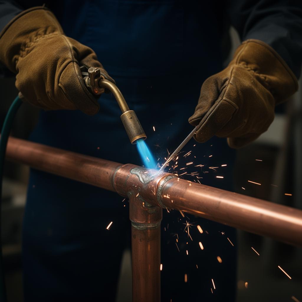 Plumber soldering a copper pipe joint with propane torch